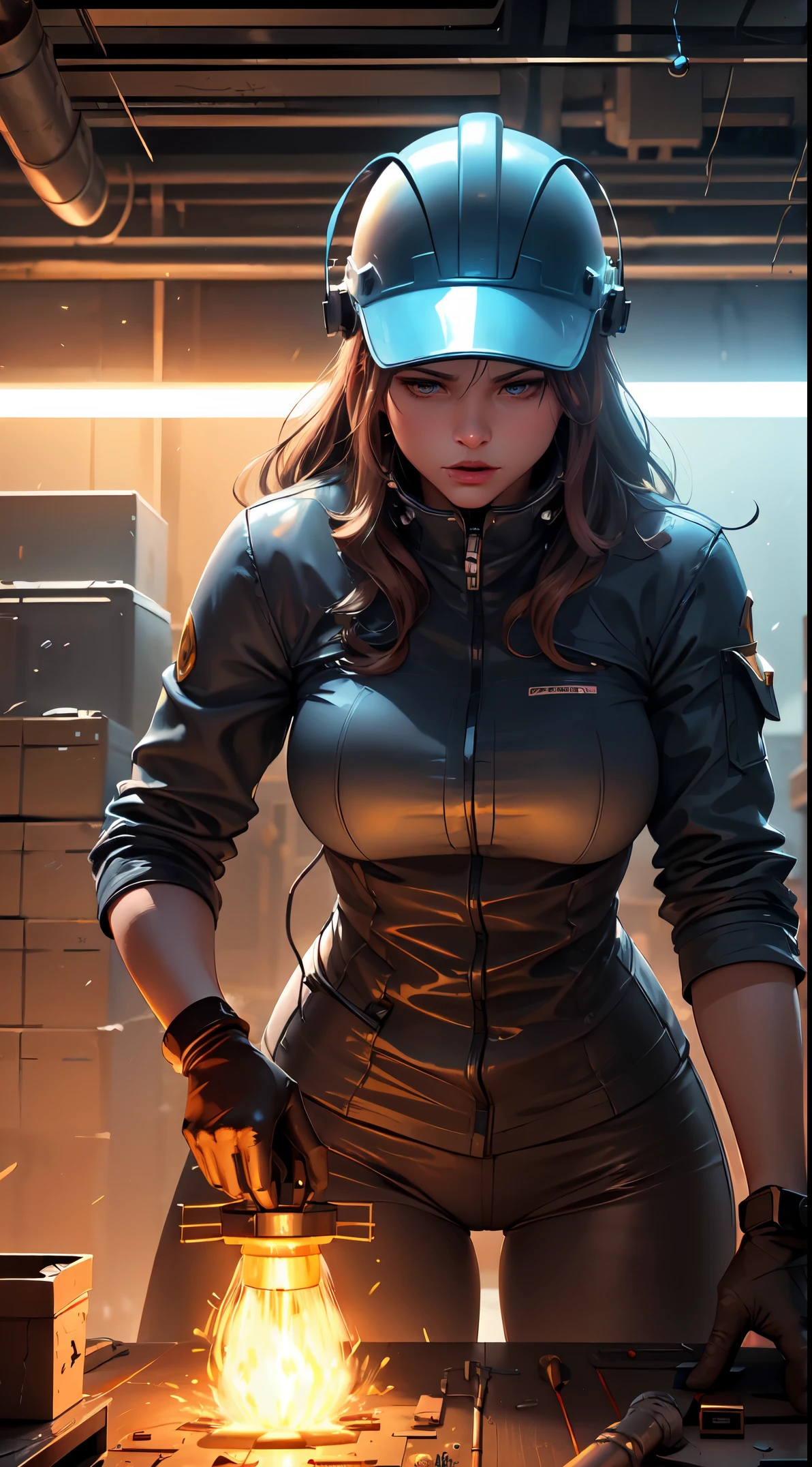 best quality,4k,8k,highres,masterpiece:1.2,ultra-detailed,realistic:1.37,female mechanical engineer,assembling,a very large robot,in her messy laboratory,engineering tools,metallic surfaces,precision engineering,industrial setting,sparks flying,heavy machinery,engineering blueprints,safety goggles,wrenches and screwdrivers,protective gloves,complex wiring,hydraulic systems,onboard computers,high-tech sensors,steam and smoke emitters,mechanical gears and pistons,high-energy power source,metallic clangs and whirring sounds,dimly lit,industrial lighting,gritty atmosphere,workbenches and workstations,looming presence of the robot,impressive size and imposing presence,work in progress,passionate and focused expression,professional and confident demeanor,hard hat,scattered papers and tools,electrical cables and connectors