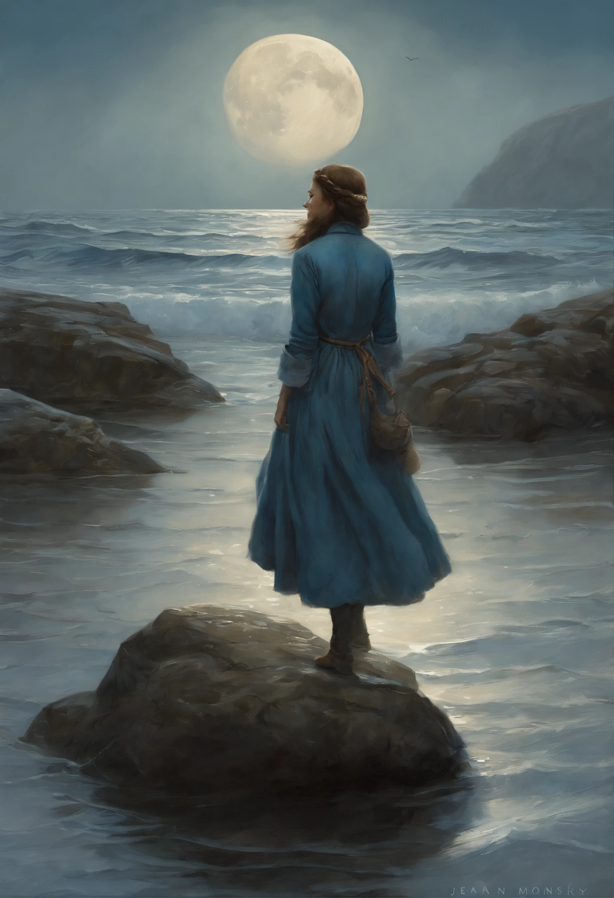 Fantastic tale, Christmas style, John Tolkien style, Small painting by Jean-Baptiste Monge, ,there is a woman standing in the water with a set, ocean, set, set fall, In front of the big moon, glimmering set, by Alexander Kucharsky, standing in the moonlight, в oceanе, blue set, лунный ocean, by Kurt Roesch, богиня oceanа, настоящая фотосессия королевы oceanов, Long realistic image, sets, Jean-Baptiste Monge, anthropomorphic --ar 2:3 --testp -optimistic; Straight hair