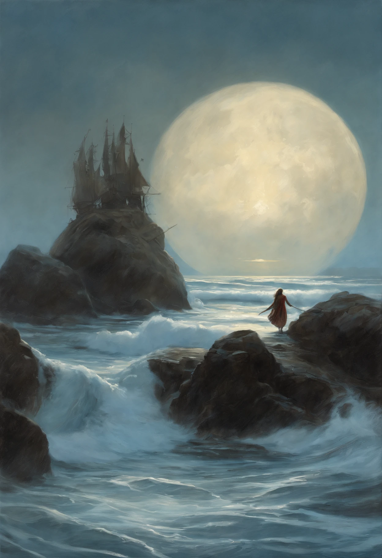 Fantastic tale, Christmas style, John Tolkien style, Small painting by Jean-Baptiste Monge,  ,there is a woman standing in the water with a set, ocean, set, set fall, In front of the big moon, glimmering set, by Alexander Kucharsky, standing in the moonlight, в oceanе, blue set, лунный ocean, by Kurt Roesch, богиня oceanа, настоящая фотосессия королевы oceanов, Long realistic image, sets, Jean-Baptiste Monge, anthropomorphic --ar 2:3 --testp -optimistic;  Straight hair