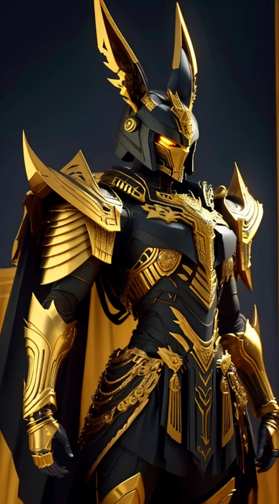 Armor, Man, God Anubis, Egyptian style, With skeletal physique, with gold decorations, Let the armor be black, Black closed helmet, Jackal-shaped helmet, let the helmet have black jackal ears, Let the helmet It has a skeletal design, with a good level of details, with golden forearms, with an obsidian crystal on the chest, with long shoulder pads, With a purple fabric skirt, with the fabric having gold details, standing, like a leotard body, with pyramids in the background, good lighting, with a full moon overhead, the light coming from the moon.