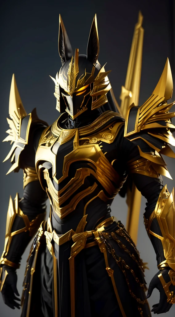 Armor, Man, God Anubis, Egyptian style, With skeletal physique, with gold decorations, Let the armor be black, Black closed helmet, Jackal-shaped helmet, let the helmet have black jackal ears, Let the helmet It has a skeletal design, with a good level of details, with golden forearms, with an obsidian crystal on the chest, with long shoulder pads, With a purple fabric skirt, with the fabric having gold details, standing, like a leotard body, with pyramids in the background, good lighting, with a full moon overhead, the light coming from the moon.