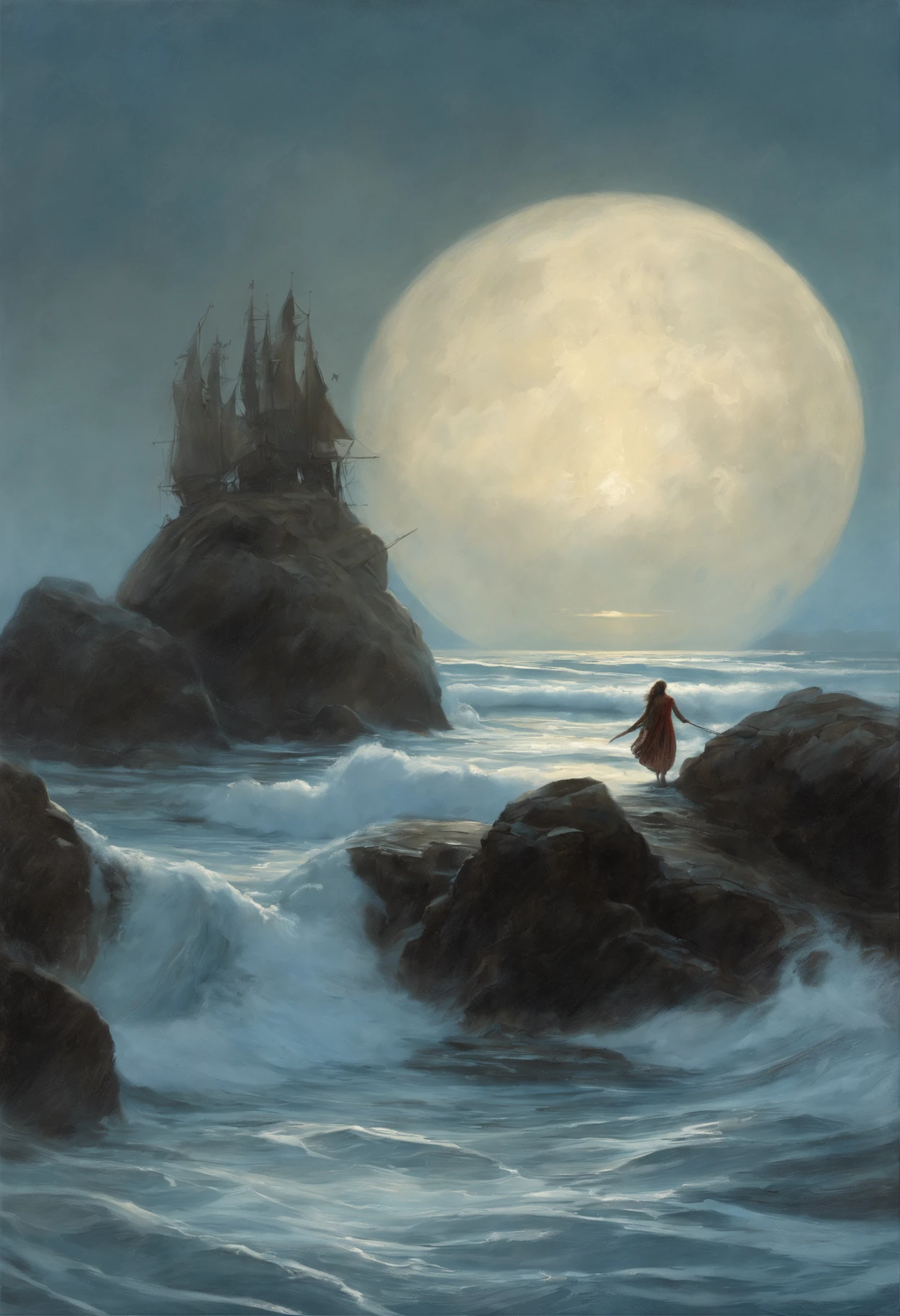Fantastic tale, Christmas style, John Tolkien style, Small painting by Jean-Baptiste Monge,  ,there is a woman standing in the water with a set, ocean, set, set fall, In front of the big moon, glimmering set, by Alexander Kucharsky, standing in the moonlight, в oceanе, blue set, лунный ocean, by Kurt Roesch, богиня oceanа, настоящая фотосессия королевы oceanов, Long realistic image, sets, Jean-Baptiste Monge, anthropomorphic --ar 2:3 --testp -optimistic;  Straight hair