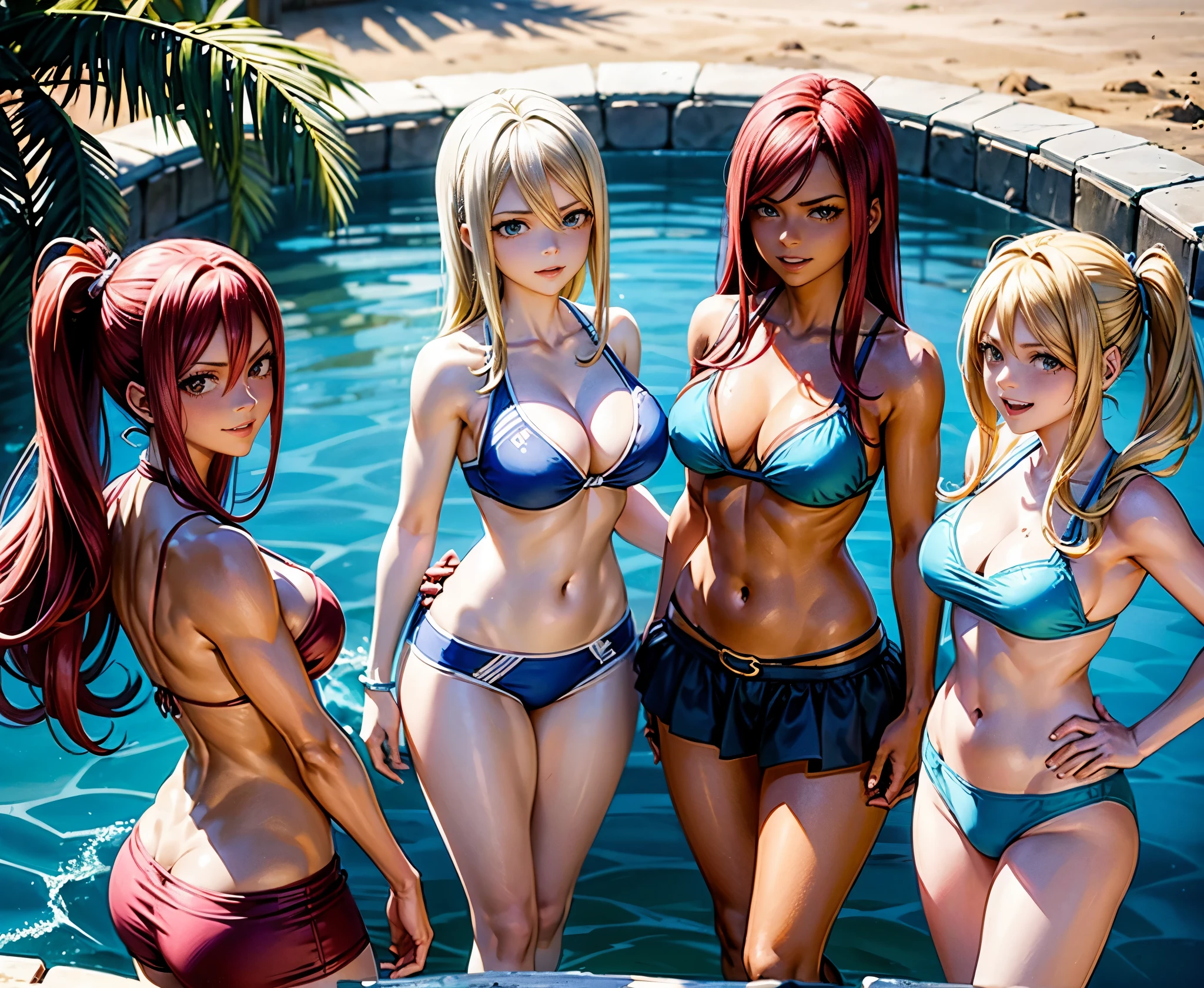 four girls diferentes, Lucy Heartfilia com cabelo cacheado loiro, Erza Scarlet com cabelos vermelhos, Cana Alberona com cabelo cacheado marrom, com bikini, sorriso travesso, olhando para o espectador, waterpark