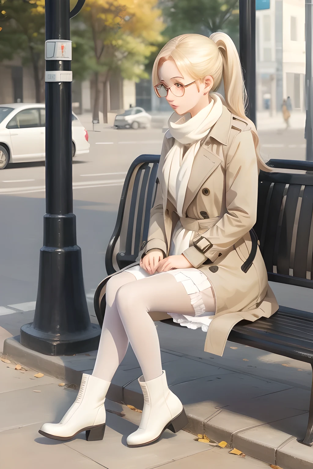girl sitting at a bus stop on the street, wearing a brightly colored trench coat, Skirt, White stockings, bright colored boots, fashion scarf, Eyeglasses, long blonde ponytail, Natural lighting, Outdoors, at noon, digital style painting, Film grain, Blurred effect, --auto