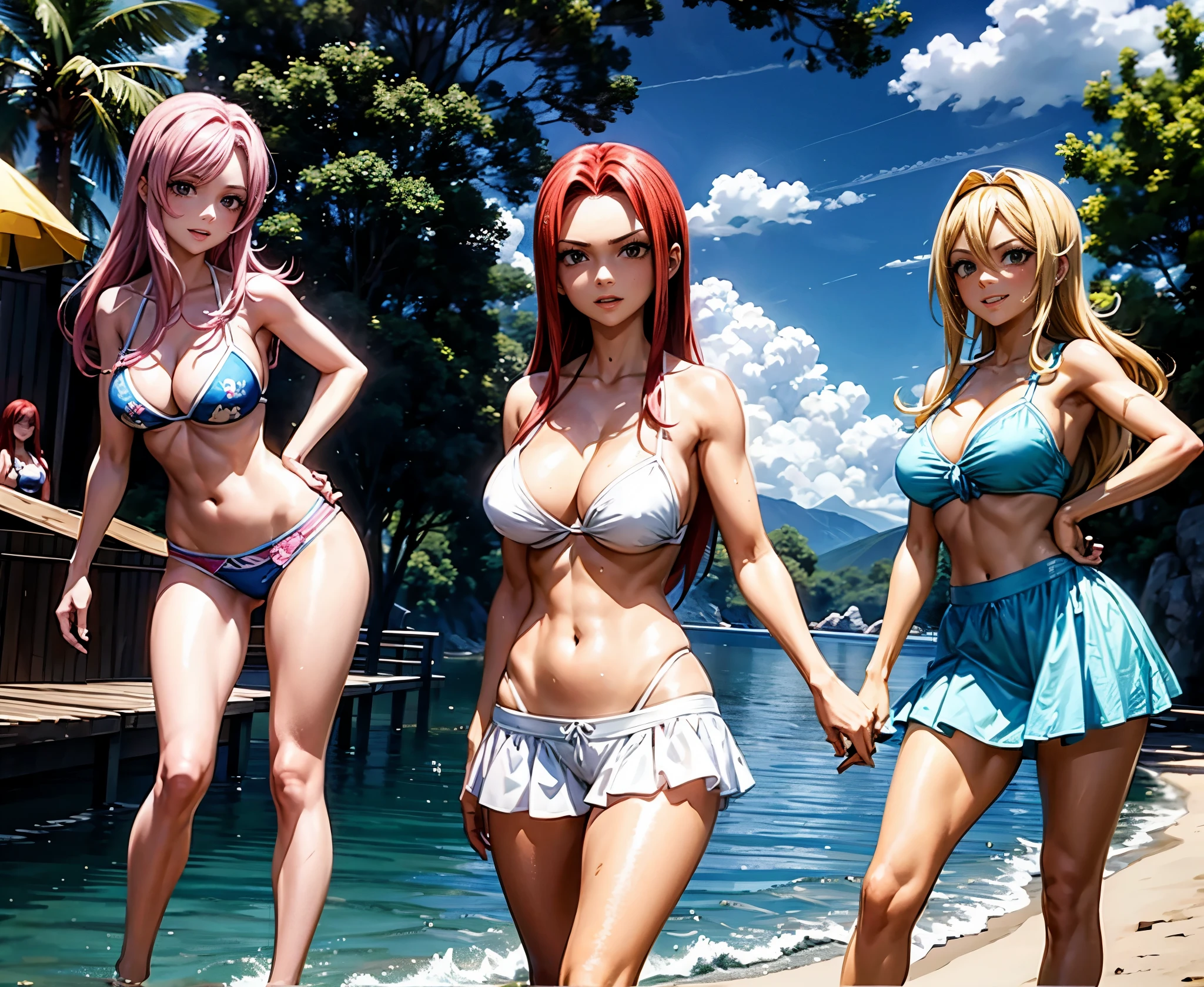 four girls diferentes, Lucy Heartfilia com cabelo cacheado loiro, Erza Scarlet com cabelos vermelhos, Cana Alberona com cabelo cacheado marrom, com bikini, sorriso travesso, olhando para o espectador, waterpark