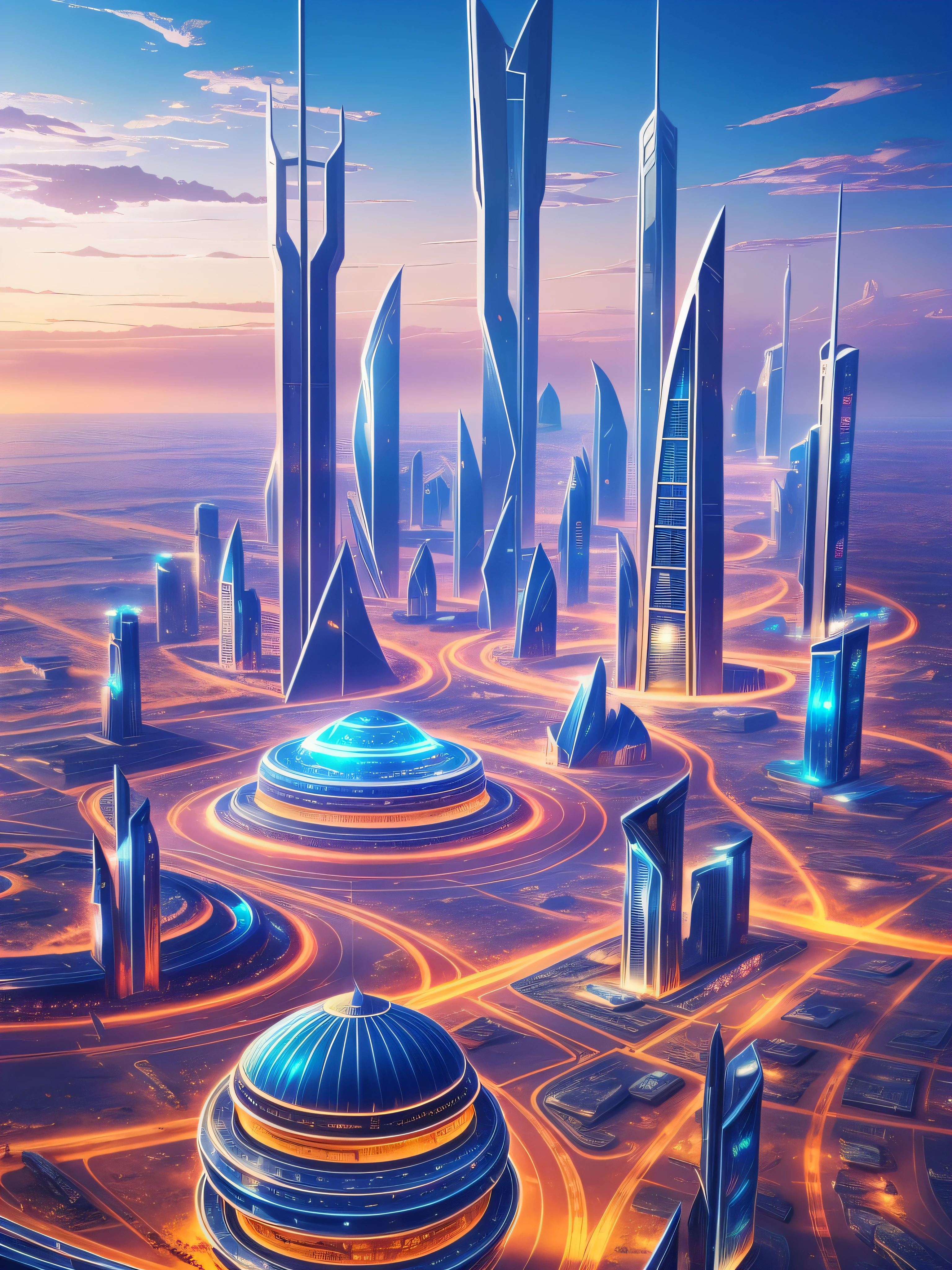 futuristic city, fantasy, 24th century, desert, sea