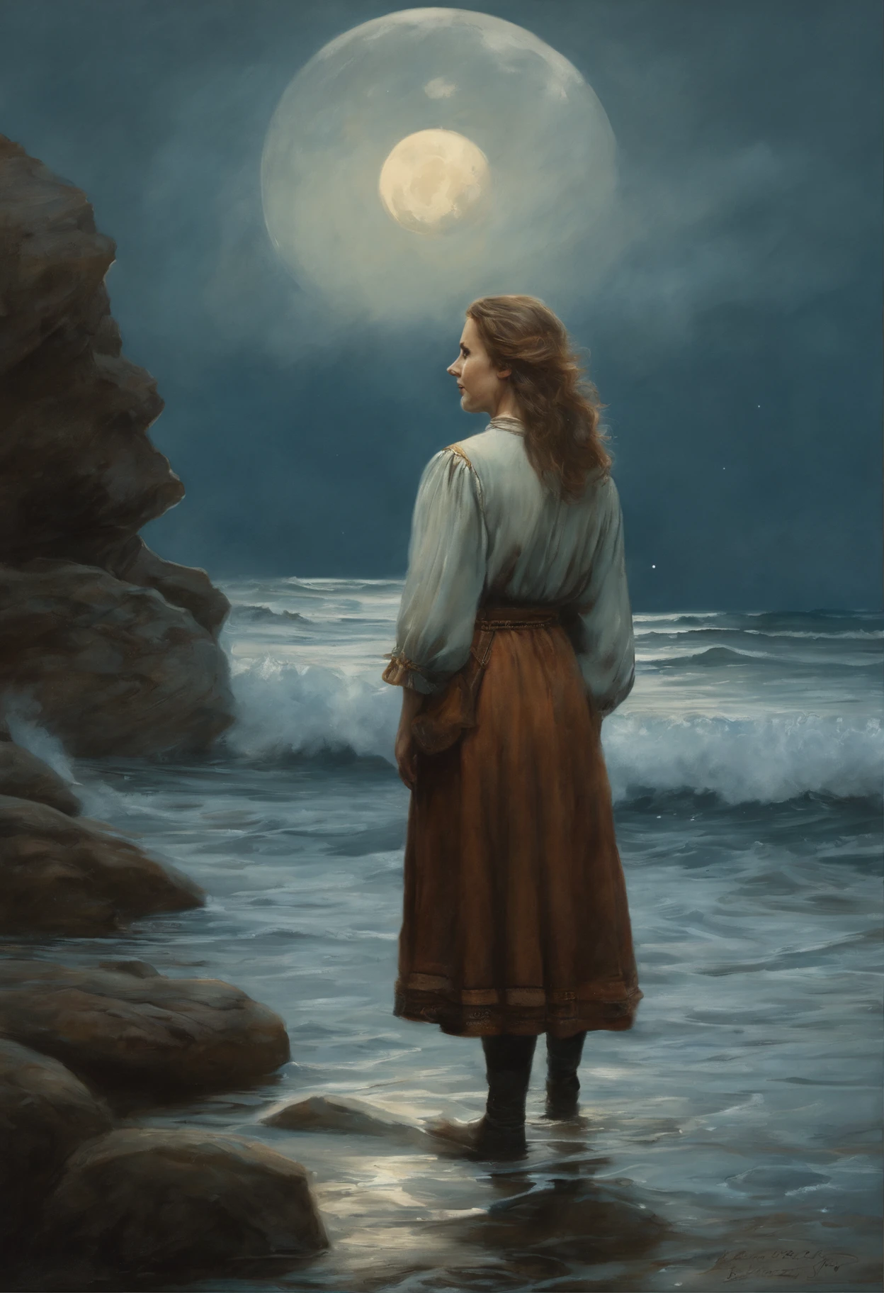 Fantastic tale, Christmas style, John Tolkien style, Small painting by Jean-Baptiste Monge,  ,there is a woman standing in the water with a set, ocean, set, set fall, In front of the big moon, glimmering set, by Alexander Kucharsky, standing in the moonlight, в oceanе, blue set, лунный ocean, by Kurt Roesch, богиня oceanа, настоящая фотосессия королевы oceanов, Long realistic image, sets, Jean-Baptiste Monge, anthropomorphic --ar 2:3 --testp -optimistic;  Straight hair