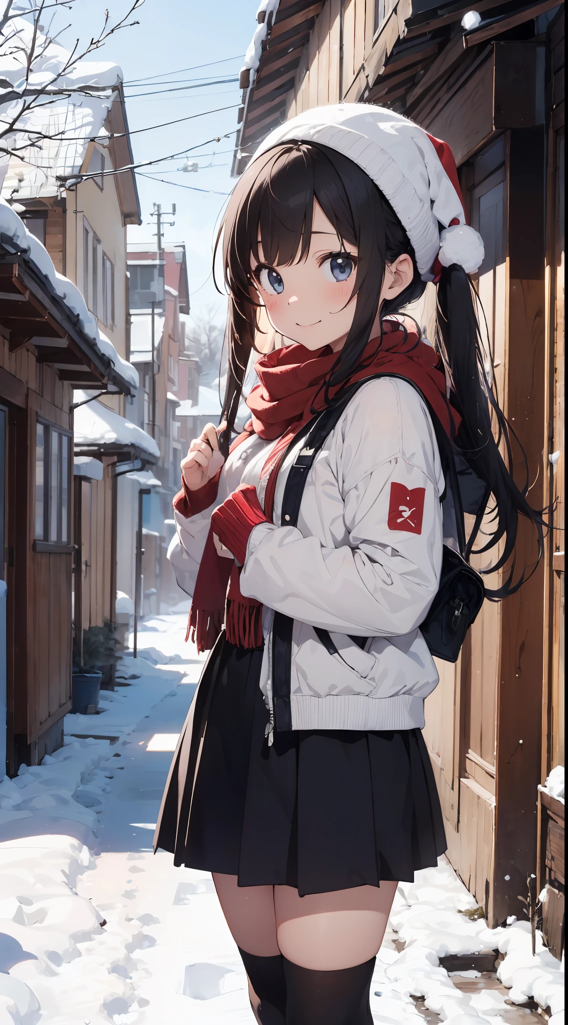 Illustration of a girl making a snowman in a snowy landscape。She wears a red coat and black skirt.、Her hair is golden twin tails。She wears a scarf and hat to a snowman.、Smiling happily。White snow and trees on background々there is a、The winter atmosphere is felt。The colors are unified in red and white..、Warmth and cuteness are emphasized。（cuteness：1.5）（Soothing：1.3）（hightquality：1.2）（Ghibli style background：1.0）