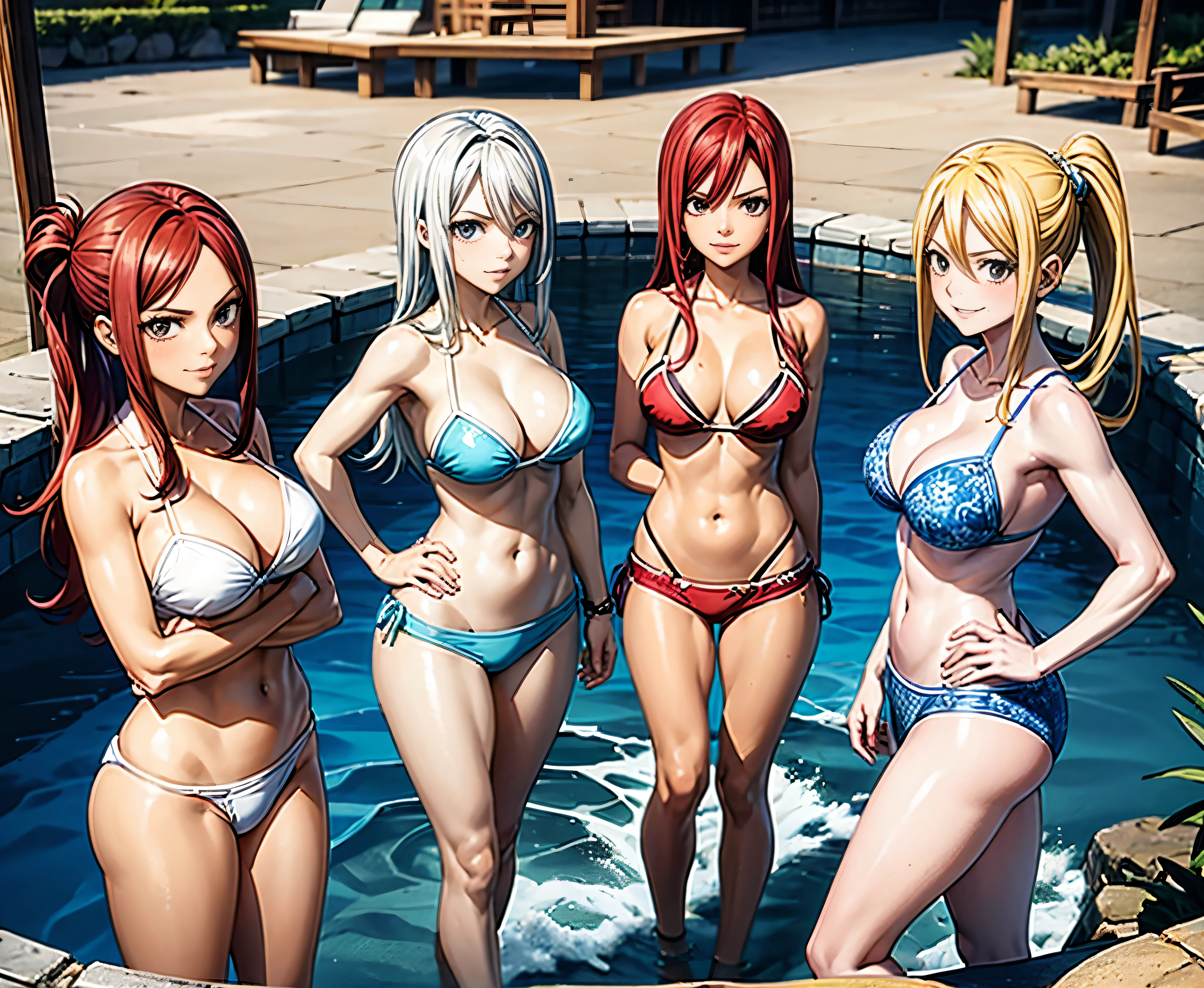 four girls diferentes, Lucy Heartfilia com cabelo cacheado loiro, Erza Scarlet com cabelos vermelhos, Cana Alberona com cabelo cacheado marrom, com bikini, sorriso travesso, olhando para o espectador, waterpark