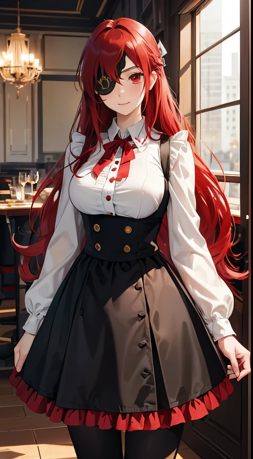 ((best quality)), ((masterpiece)), (detailed), perfect face, ((eyepatch:1.2)), (long hair:1.4), (red hair, red eyes:1.4), 1girl, solo, skirt, shirts, vest, legging, white shirts, Button-up shirts, black vest, smile, outdoors, black skirt, looking at viewer, black legging, rose pattern legging, long sleeves, bangs, ribbon, frilled skirt, frills, plaid, bow, open clothes, blush, neck ribbon, Star shape eyepatch, gold eyepatch, standing, red ribbon, wide sleeves,, hand on waist, medium breasts, large breasts, cafe, inside bosco cafe, cowboy shot , elegance, blush