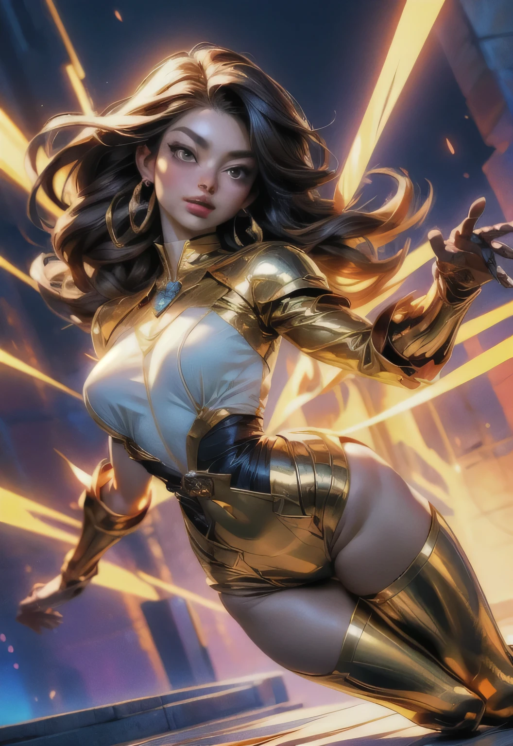 (8K, Raw photo, Best Quality, masutepiece: 1.2), (reality, Photorealistic: 1.3), (Sharp Focus), ((3D light, aura, Rays, Bright color reflections,)), 1girl in, Red Theme, bright angel, a throne, she is Bewitching and beautiful, shining light, Golden costume, Golden, Sexy, Bewitching, with an intricate, Surreal, Delicate, Beautiful face, Detailed face, Beautiful eyes, Brown eyes , Perfect proportions, Huge breasts, thin waist, a navel, Big butt, The gap between the legs, thighs thighs thighs thighs, Combustion energy, Explosive power to live, angel of energy, (Dynamic Pose: 1.5), (Dynamic Angle: 1.5) ),
