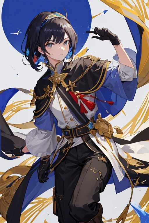 ((tmasterpiece:1.4,Best quality))++,(hyper-detailing)+,(Best quality,hyper-detailing,vibrant with colors,rich colourful,dyna角度,hight contrast:1.2),A boy,Height is about 170cm,with short black hair,Dark blue headband on the back of the head,Left eye blue,The right eye is golden,One long sleeve and one short sleeve,Black boots that don't go past the knee,black cloak,Sabre at the waist,Looks proud,black long pants,Wear black fingerless gloves,Draw the whole body in the picture,Bangs parted in the middle and rolled inwards,garments上有的星星和雪花element in,Secondary disease,Fashionab, with dynamism, garments, posing on a, frontage, rich colourful, dyna, Background with, element in, self-assured, Expressing the, statement, fittings, A majestic, coil, Runt, Scenes, Cover of a, boldness, attention-grabbing,Fashionab, typeface, Catchy, attention-grabbinodern day, Fashionab, focal, Fashionab,delicated face,exquisite facial features,National tide,modern day国风Background with