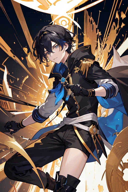 ((tmasterpiece:1.4,Best quality))++,(hyper-detailing)+,(Best quality,hyper-detailing,vibrant with colors,rich colourful,dyna角度,hight contrast:1.2),A boy,Height is about 170cm,with short black hair,Dark blue headband on the back of the head,Left eye blue,The right eye is golden,One long sleeve and one short sleeve,Black boots that don't go past the knee,black cloak,Sabre at the waist,Looks proud,black long pants,Wear black fingerless gloves,Draw the whole body in the picture,Bangs parted in the middle and rolled inwards,garments上有的星星和雪花element in,Secondary disease,Fashionab, with dynamism, garments, posing on a, frontage, rich colourful, dyna, Background with, element in, self-assured, Expressing the, statement, fittings, A majestic, coil, Runt, Scenes, Cover of a, boldness, attention-grabbing,Fashionab, typeface, Catchy, attention-grabbinodern day, Fashionab, focal, Fashionab,delicated face,exquisite facial features,National tide,modern day国风Background with
