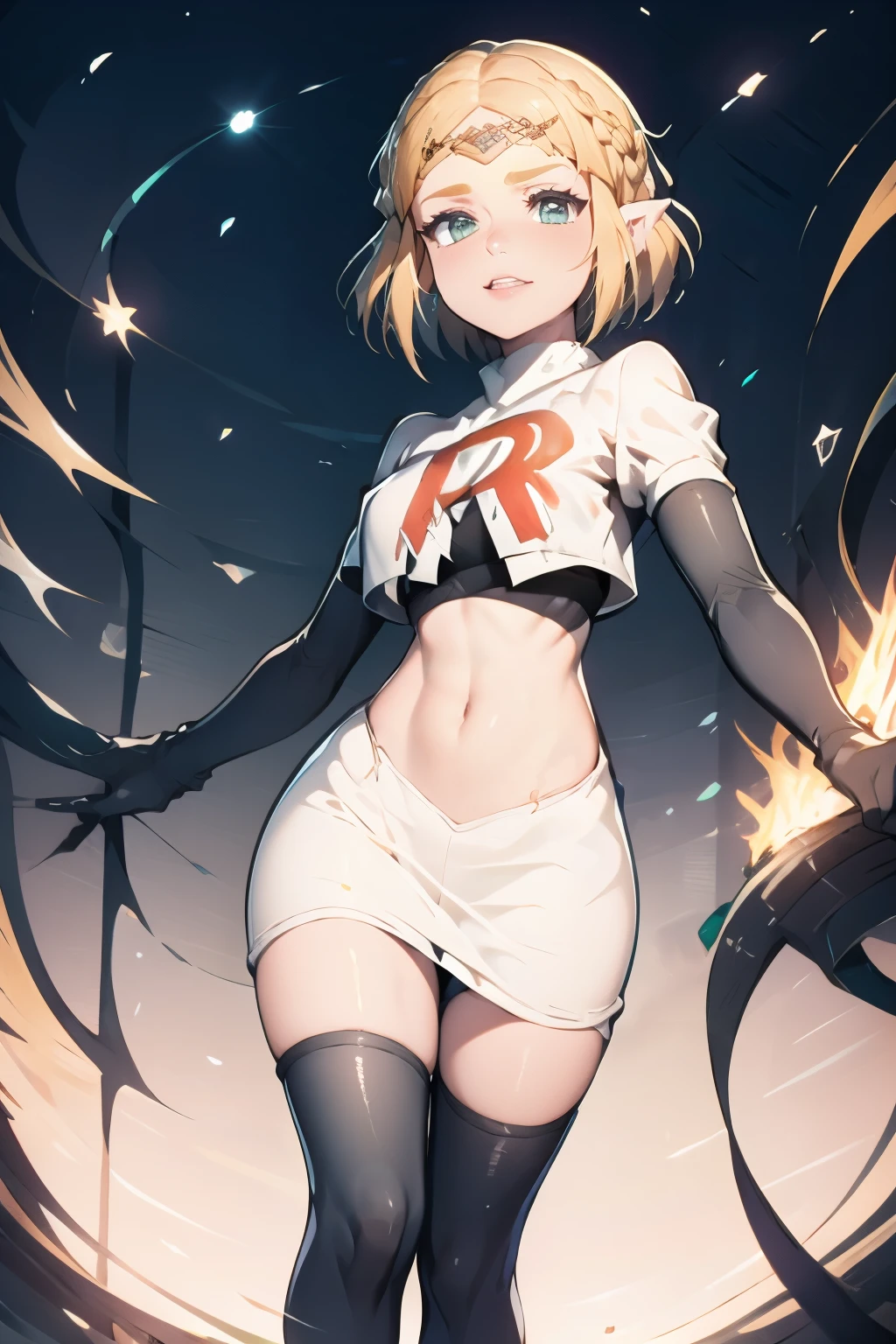 ZeldaTOTK, team rocket,team rocket uniform, red letter R, white skirt,white crop top,black thigh-highs,black elbow gloves, sinister villianess look,