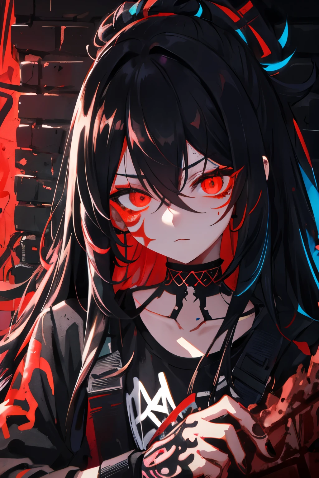 best quality, intricate details, chromatic aberration, 

1girl, long hair, black hair, messy hair, red highlights, hair over one eye, red eyes, sharp eyes, 

choker, neon shirt, torn legwear, open jacket, 

against wall, brick wall, graffiti, glowing grafiti, glowing tattoos, glow, neon lights, 


blacklight,