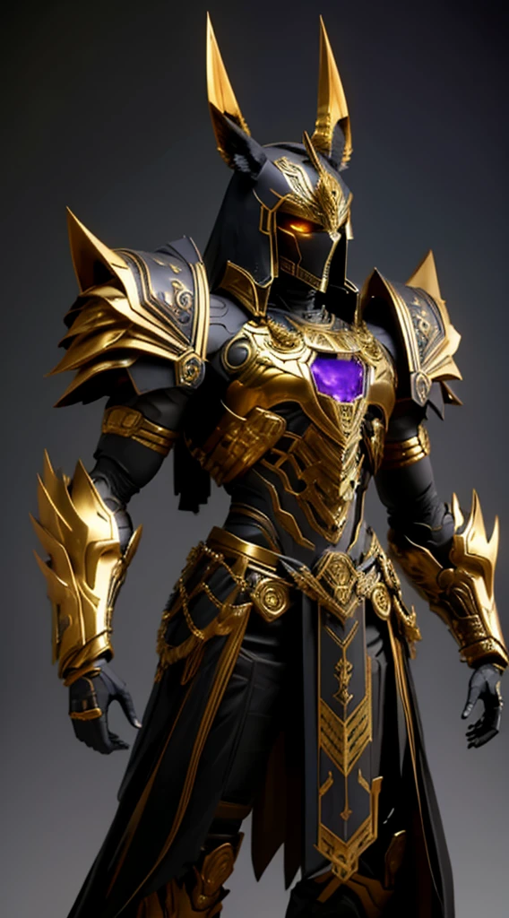 Armor, Man, God Anubis, Egyptian style, With a skeletal physique, with golden decorations, Let the armor be black, Black closed helmet, Helmet in the shape of a jackal head, let the helmet have black jackal ears, Let the helmet have a skeletal design, with good level of details, with golden forearms, with an obsidian crystal on the chest, with long shoulder pads, With a purple fabric skirt, with the fabric with golden details, standing, like a leotard body, with pyramids in the background, good lighting, with a full moon above, the light coming from the moon.
