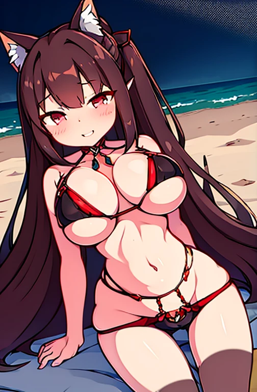 the beach、ripped bikini、a beauty girl、Shy laughter、Cat's ears、poneyTail、A dark-haired、Red Mesh、sexypose