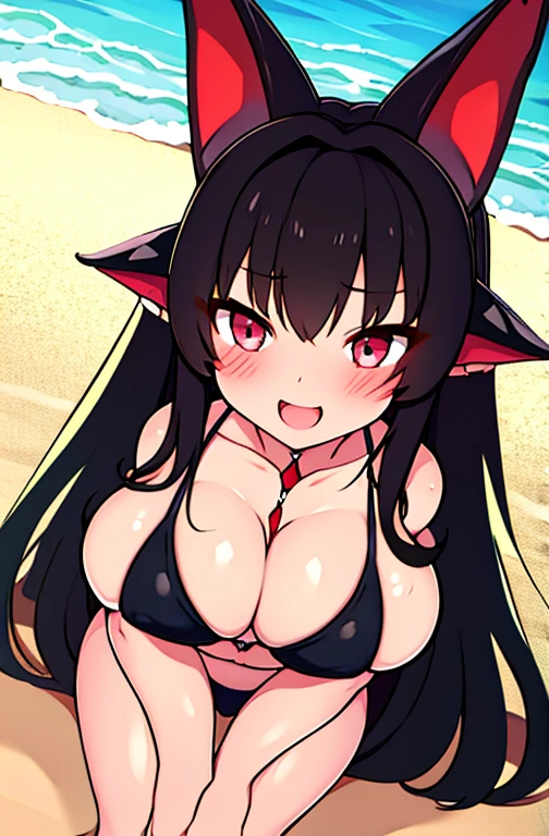 the beach、ripped bikini、a beauty girl、Shy laughter、Cat's ears、poneyTail、A dark-haired、Red Mesh、sexypose