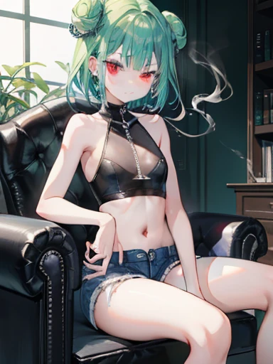 {Moist feather(hololive)}, 1girl in, Short hair, Double bun, {Emerald green hair}, {{Red Eyes}}、​masterpiece、top-quality、very flat chest, very flat chest、小柄、Many piercings in the ears{hatred}、grimacing、demon king、{full body Esbian}、sitting on a leather chair、Aura of Darkness、Very short black denim hot pants、white tank tops、very thin tank top、inside in room、Blue-winged butterfly、watching at viewers、has a cigarette in one hand、Smoke is wafting from a cigarette、