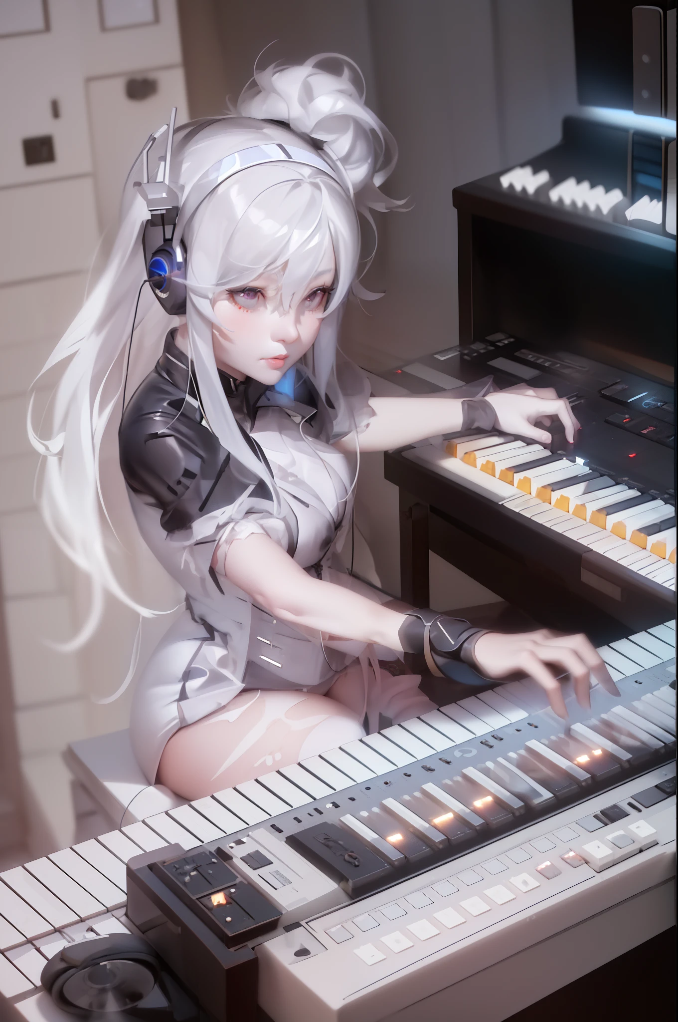 1girl playing music on a keyboard with headphones on, artwork in the style of guweiz, synth, nightcore, artgerm and atey ghailan, extremely detailed artgerm, perfect white haired girl, keyboardist, octave render, guweiz, guweiz on artstation pixiv, anime styled digital art, snth