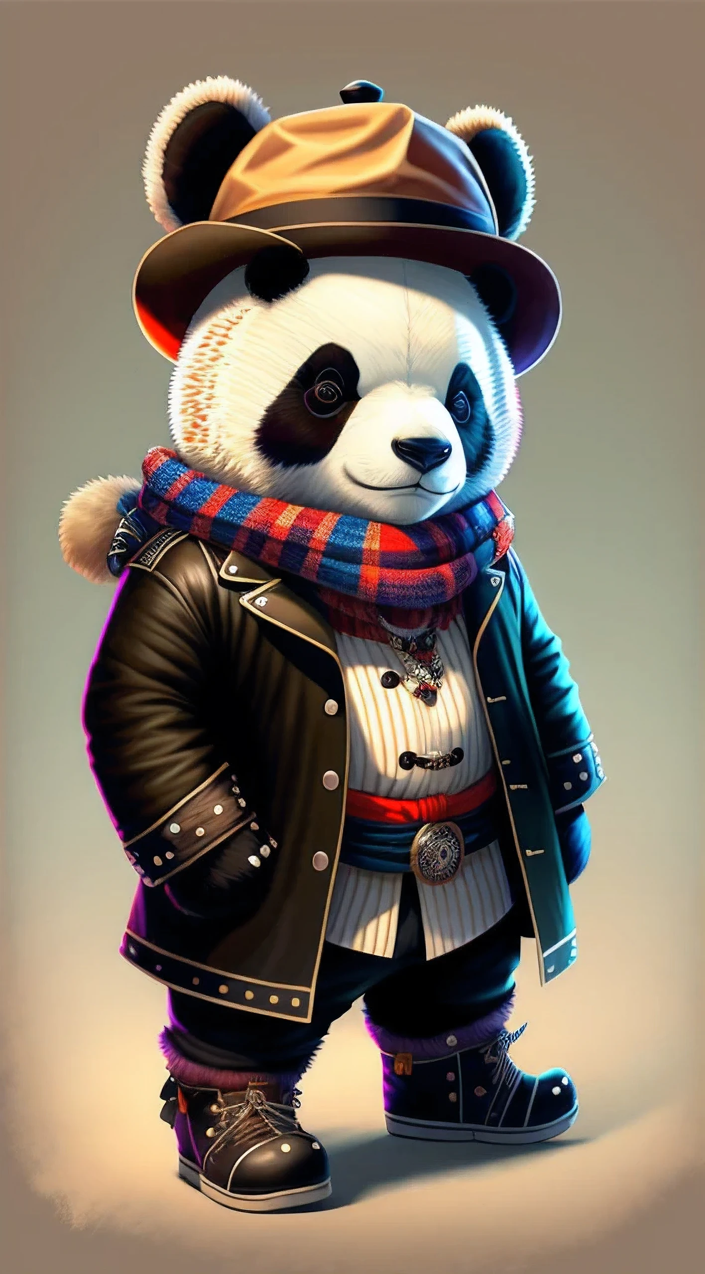 Photo of panda wearing hat and scarf, trends in arts season, dressed in punk clothing,Full body like，There are hands and feet，the hair， Ultra-realistic rendering of details, British gangsters,  Stylized, Intimidating posture, Planet of the Bears, Fashion clothing,  samurais, Western Slavic Characteristics, 8 1 5