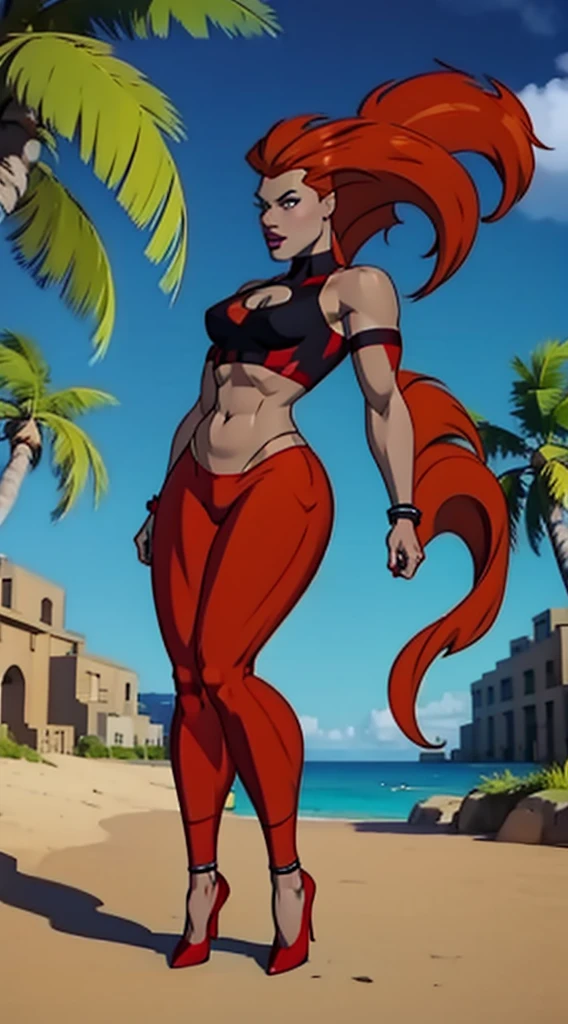 full body, beautiful, 1girl, solo, eyewear on hair, grin, long hair, thick lips, lipstick, wet red hair, tight holographic sarong, jewelry, wide hips, thick hips, stretching, thick butt, open mesh t-shirt, big butt, toned, thick thighs, full breasts, from side, from below, park, eyeshadow, detailed face, perfect face, perfect body, volcana_dcau, beach bombshell, tanned, tan skin, tanned skin, wheat skin, sunburnt