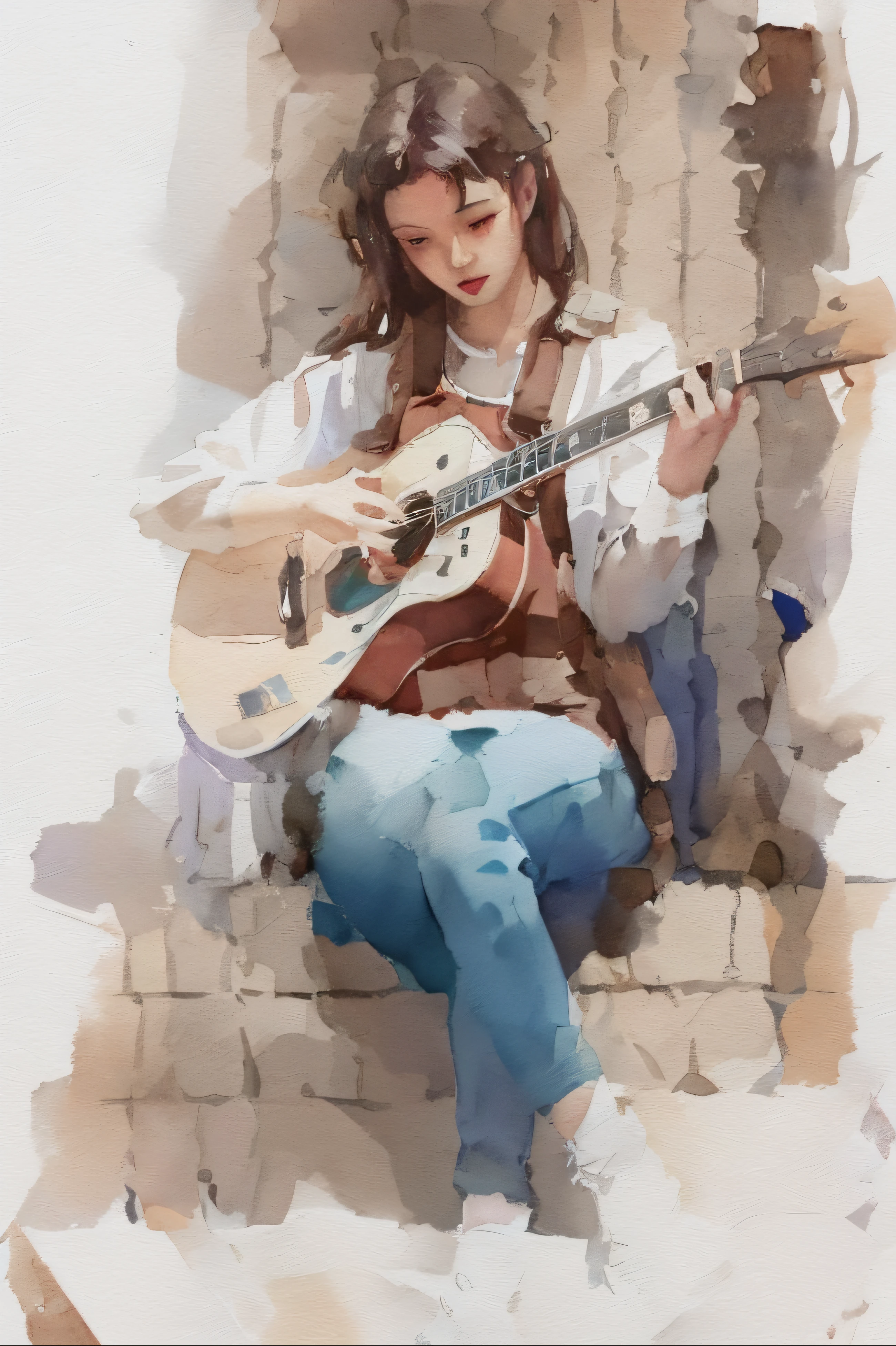 Illustration of a man sitting on stairs holding a guitar, playing guitar자, Guitarist, realistic watercolor, realistic watercolor, Watercolor painting style, playing guitar, The girl plays the guitar, Andrew Law, James Gurney Painting Style, realism painting, Realistic Cute Girl Illustration, realistic illustration, Inspired by Steve Hanks, solo portrait 🎨🖌️, beautiful illustration
