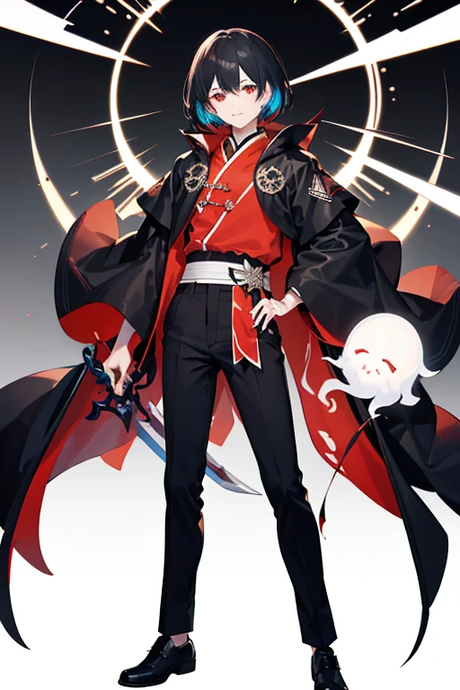 ((tmasterpiece:1.4,Best quality))++,(hyper-detailing)+,(Best quality,hyper-detailing,vibrant with colors,rich colourful,dyna角度,hight contrast:1.2),A boy with,shoun,short,Height about 162cm,Blood-red eyes,with short black hair,straight bangs,Sleeves and pants that are not baggy,彼岸花element in,中国鬼element in,There are several transparent white cute ghosts behind it and there are Chinese charms attached to some places on their bodies.,Wearing black nail polish,The colors of clothes are mainly red, black and white and brown and other dark colors。The picture shows the entire human body,long sleeve trousers,Calm expression but a bit crazy,cool looking,It feels great,Eat a sword with your hand,Cloak,Fashionab, with dynamism, garments, posing on a, frontage, rich colourful, dyna, Background with, element in, self-assured, Expressing the, statement, fittings, A majestic, coil, Runt, Scenes, Cover of a, boldness, attention-grabbing,Fashionab, typeface, Catchy, attention-grabbinodern day, Fashionab, focal, Fashionab,delicated face,exquisite facial features,National tide,full bodyesbian