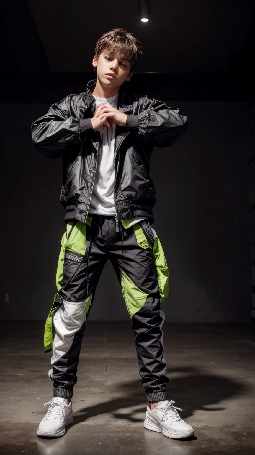 1boys, jacket black and white, trousers black green white, white shoes, brown hair