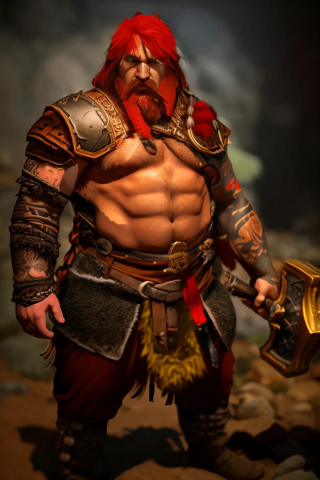 arafed man with a large red beard and a large belly holding a hammer, viking berserker, dwarven, fierce bearded dwarf, viking warrior, barbarian class, fur-clad barbarian goliath, for honor charector concept art, viking style, portrait of a dwarf warrior, dwarf, epic viking king, barbarian, unreal engine character art, video game characters designs, male barbarian, long red hair, long hair, red hair, angry man, angry, angry, angry, tattos on chest, tattos on chest, nordic tattos on chest,