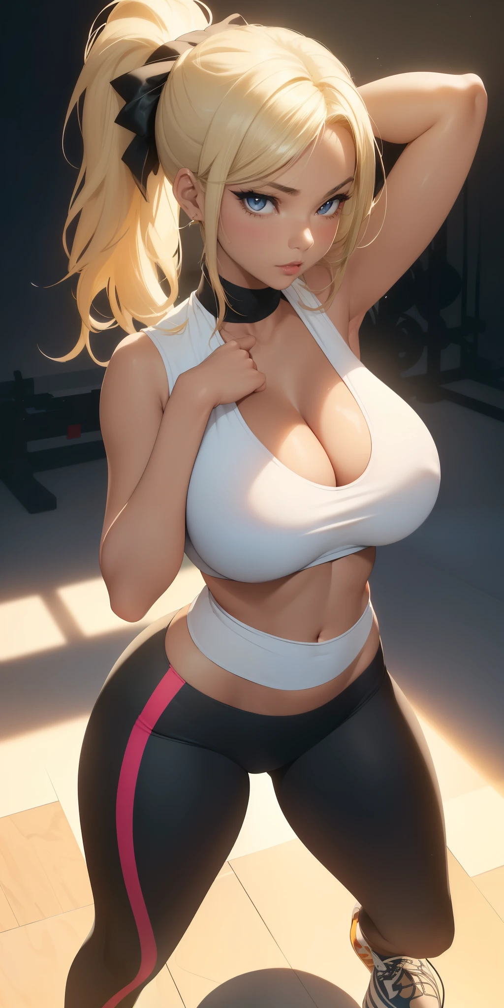 Big breasts, she's a Milf ((busty beautiful tanned, 35 years old)), ((natural punk style straight blonde hair, voluminous side bangs, ponytail)), visible doubles, light eyes, detailed eyes, hyper detailed, effect with clear eyes, planned irises, with incredible breasts and perfect waist, and an extremely sensual body, ((simple white blouse, red cropped top underneath, stylish and cool leggings)), ((round breasts))), beautiful makeup heavy, cleavage, ((masterpiece, hyper realistic, hyper detailed, best quality, 16k, light and shadow effect on the skin, vivid colors)), eyeliner, passionate expression, perfect parted lips, innocent and sexy face, she is sassy, ​​((skin with light and shadow), beautifully seductive, ((she is beautiful)), elegant pose, flirting with the viewer, in variable sensual pose, inside the gym, beautifully seductive in the gym doing squats exercises, glass wall left ((hands behind heads))