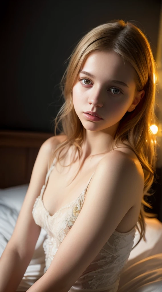 Portrait of an 18 year old cute beautiful perfect face petit , nude. she is happy, very beautiful Russian, raw, in bed, (dark private study, dark and moody light: 1.2)