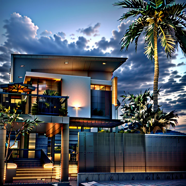 a rendering of a modern house with a palm tree in the front yard, exterior design, residential design, 3/4 view from below, frontview, complete house, architectural concept, perspective view, contemporary house, in style of simplified realism, with 3d render, 3 d rendering, 3d rendering, with 3 d render, overall architectural design, front elevation view