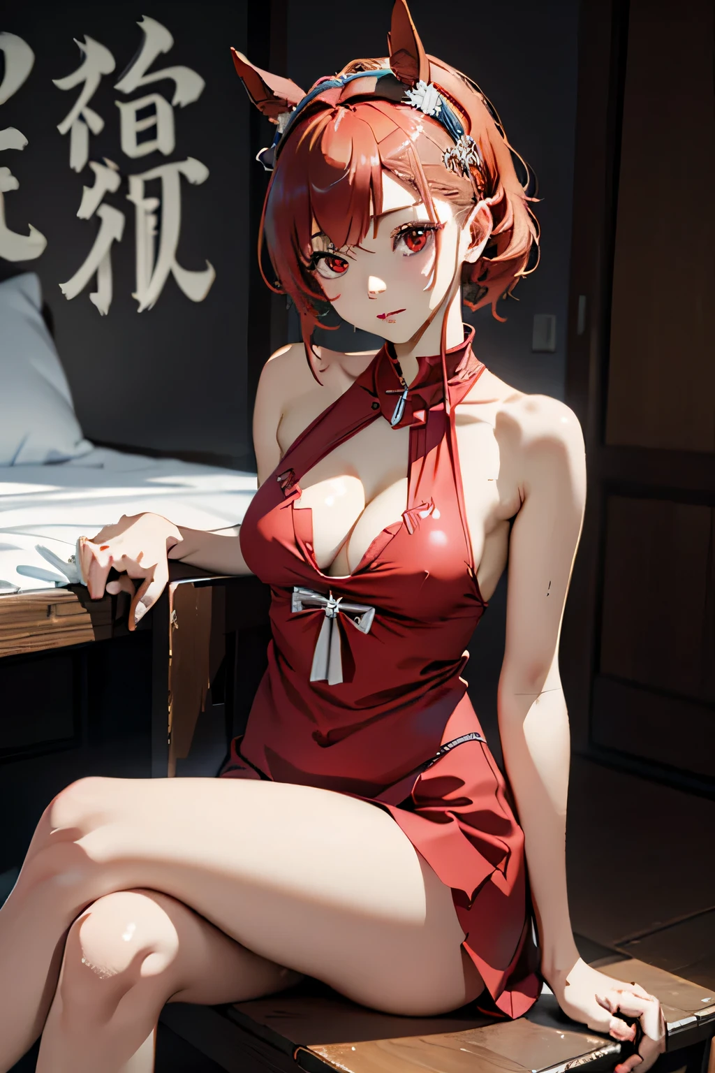 ((Marl、Horse ear headband、fake horse ears))、(lightly dressed、cleavage of the breast、fully body photo、Beautiful legs)、((inner colored、Red Eyes、Hair short、Has a small、年轻、side lighting bare shoulders、shining eye ring、Particles of light、llight rays、Hair red、Cross your legs、Pants visible from sitting cross-legged、Red T-back、student clothes))、2girls、master piece、japanaese girl、absurderes、hight resolution、ultra-detailliert、depth of fields、masterpiece、extremely details CG、3D Photography、3D background、Unity、8K、Hi-Res、top-quality、shadowy、foco nítido、pale-skinned、A detailed eye、blurry backround、dynamic ungle、The most amazing super feat exaggeration、a closed mouth、Look at viewers、superclear
