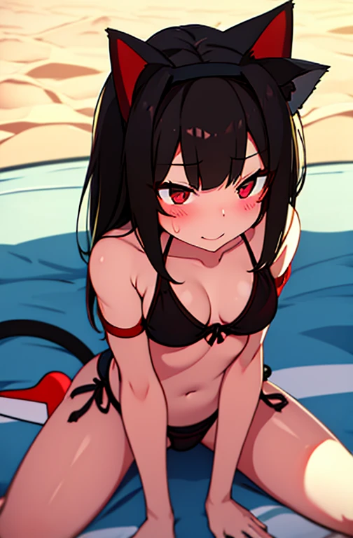 the beach、ripped bikini、a beauty girl、Shy laughter、poneyTail、A dark-haired、Red mesh、sexypose、B Cup、cat ears