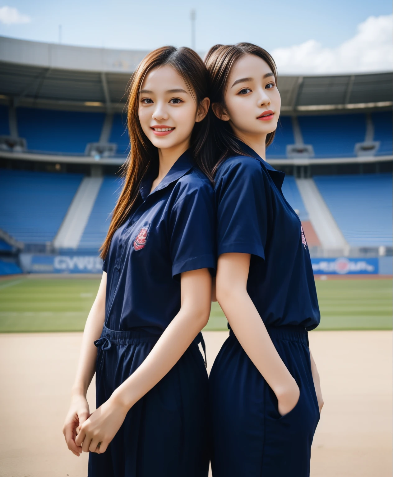 (bestquality,10,10,highres,masterpiece:1.2),ultra-detail,(Realistic,ภาพRealistic,photo-realistic:1.37),1 Cute girl in the football field,oily shiny skin,bara,light smile,BDclothelue shirt:1.3)),short sleeves,shirt, trousers.,(navy_long_ติดตามtrousers:1.1), ((Stadium Background:1.3)),dynamic angle,excited,face focus,Dynamic Poses,from behide,Ass Focus,masterpiece, bestquality, ultra realistic, hyper-detail, 8k resolution, RAW photo, crisp focus, ((Navy blue shirt:1.1)), short sleeves, เส้นทางlong, Complete bodyแบบ, 2 mature women, 18yo, cinematic light,trousersวอร์มสีน้ําเงิน,Gymware,Correct anatomy,Complete body, Correct body, sharp face, Correct bodyทางกายวิภาค, full entire body, Realistic gestures, long-haired, Realistic poses,Wear long shorts...........................................,ช่วงขาlong,Shapely,Sculpting Girl, Slender Figure, mannequin mannequins, Shapely, Beautiful body,trousersวอร์มสีน้ําเงิน, Two girls kissing