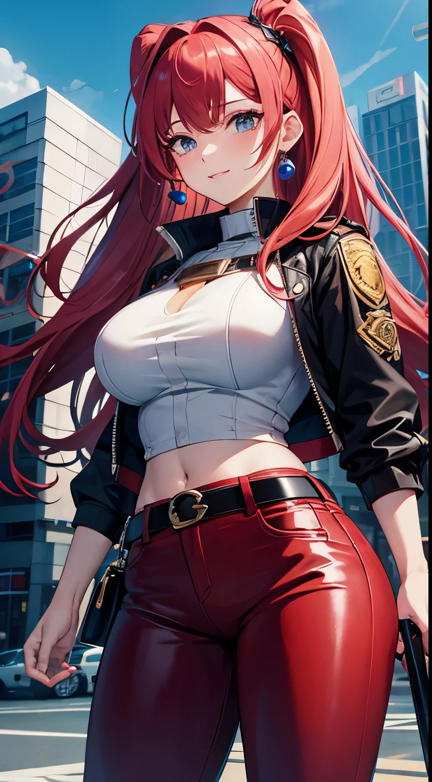 saturated red hair, Princess Hair, very long twintails, large full breasts, Glossy skin, Pink lips, Peach-colored cheeks, Blue eyes, Golden earrings, With weapons, cosmic space, Rin々Shishi Face, A slight smil, Black jacket, white shirt inside jacket, Navel is visible, Black tight pants, thick belt to decorate pants, Facing up
