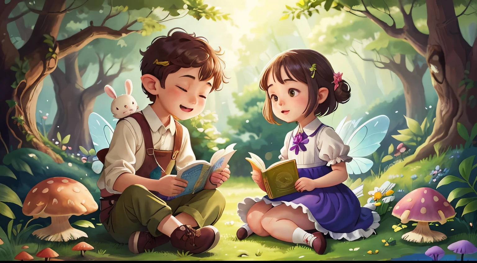 A boy and a girl read a book, trpical garden, Sit on a tree, ssmile, and his rabbit, aquarelle, full-body view, perfectquality, (tmasterpiece: 1.2) (Bokeh background) (Best quality at best) (Delicate skin: 1.3) (Complicated details) (8K) (detailedeyeocus sharp), (Happy), Best illuminated fairy tale coloring book,cute big breasts,happy children,looking at book,sitting down,身边有cute big breasts小精灵,Colorful mushrooms,Glowing plants,Elves with wings,a joyful atmosphere,a green forest,dream magical