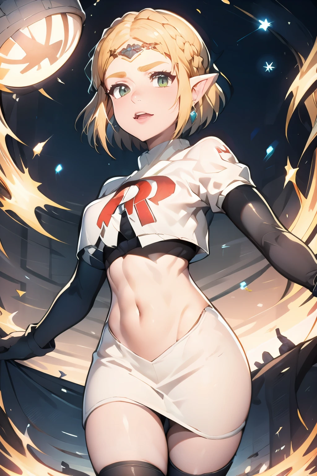 ZeldaTOTK, team rocket,team rocket uniform, red letter R, white skirt,white crop top,black thigh-highs,black elbow gloves, sinister villianess look,