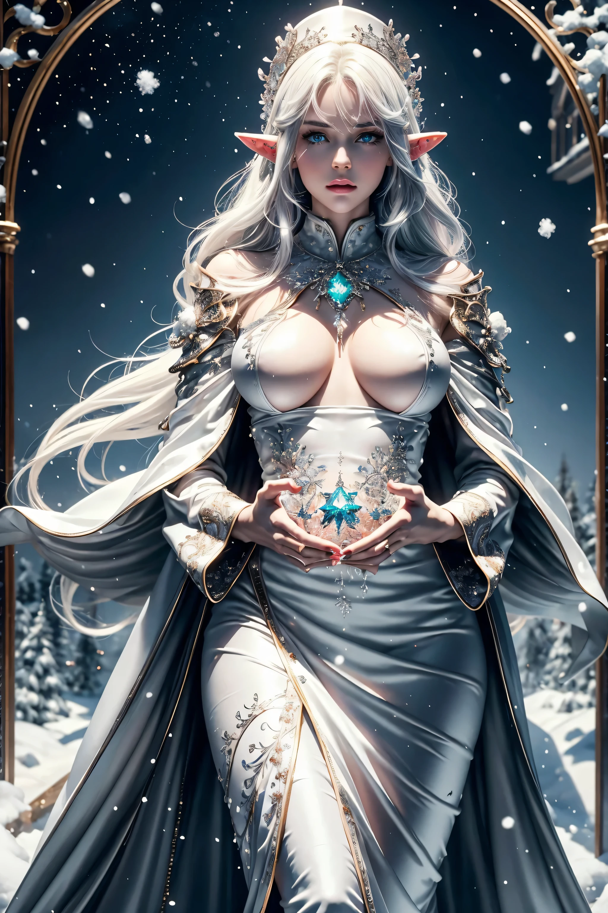 I want to be a powerful person in the shadows!,alpha,Beautiful white blonde hair,A beautiful Blue eyes,Elven ears,Beautiful white skin,Gothic dresses,Photorealsitic,An ultra-high picture quality,hightquality,masterpiece,Digital SLR,Detailed details,Intricate details,Based on anatomical grounds,Depicted in detail,Detailed face,realistic skin textures,Vivid details,perfect anatomia,perfect anatomia,Anatomically correct hand,Anatomically correct fingers,Super Detail,Complex 3D Rendering,Colossal tits,sexy pose,White gold sequin dress studded with silver,white gold blue rose hat,white fur coat,Gift Ribbon,More about neon colors,Put it in a nice photo frame and display it,emerald blue nails,Beautiful Morning Sun,clear cold sky,Sunny blue sky,beautiful christmas scenery,mysterious snow scene,It's snowing,beautiful ilumination,Christmas tree,Picturesque beauty,Photograph the whole body,9 head body,Pink lip,Luxurious necklace,emphasize the beautiful whole body,Beautiful nails,Black bondage,Beautiful burning rose,High-leg T-back,