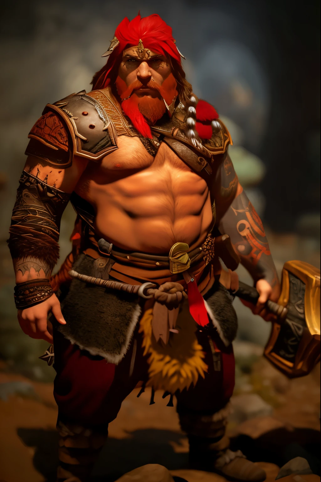 arafed man with a large red beard and a large belly holding a hammer, viking berserker, dwarven, fierce bearded dwarf, viking warrior, barbarian class, fur-clad barbarian goliath, for honor charector concept art, viking style, portrait of a dwarf warrior, dwarf, epic viking king, barbarian, unreal engine character art, video game characters designs, male barbarian, long red hair, long hair, red hair, angry man, angry, angry, angry, tattos on chest, tattos on chest, nordic tattos on chest,