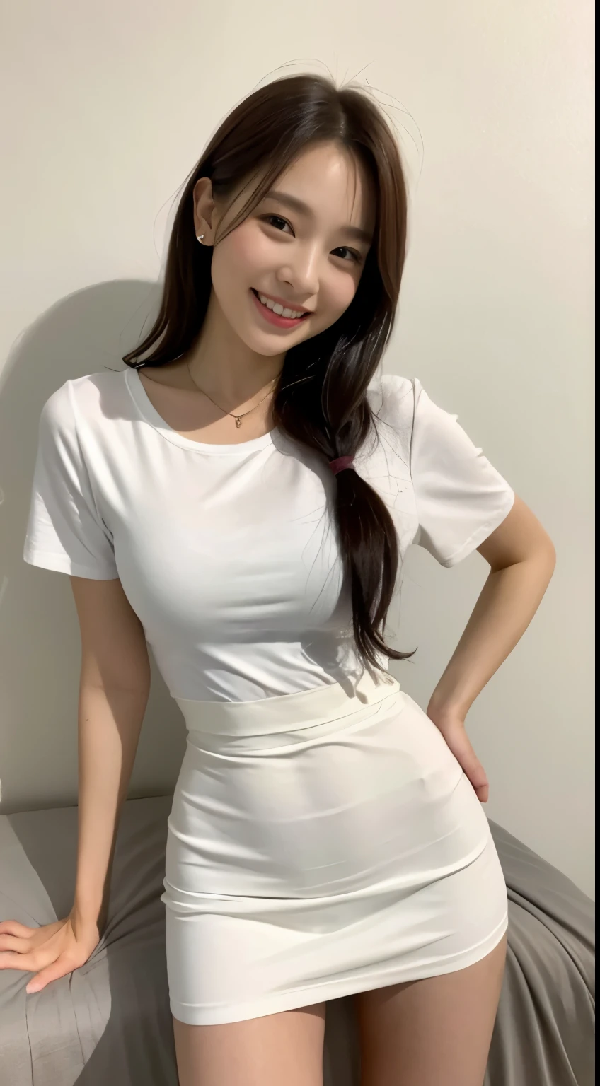 White tight shirt、White tight mini skirt、a bed、a smile、shortsleeves、high-level image quality