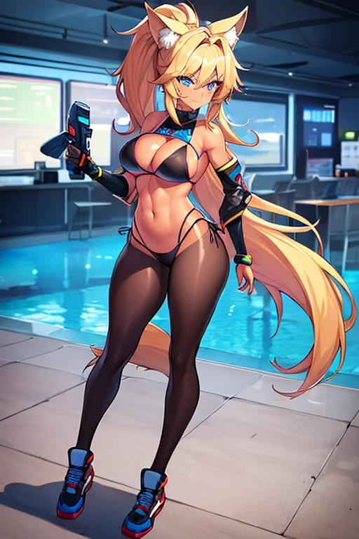 1girl, female, tan skin, tan body, tan, breasts, wide hips, large breasts, blonde hair, long hair, ponytail, blue eyes, wolf ears, wolf tail, smile, smirk, smug, bodysuit, black bikini, bikini, futuristic, science-fiction, tech, neon, neon trim, black pantyhose, pantyhose, full body, ((full body)), blue trim, sports bikini,