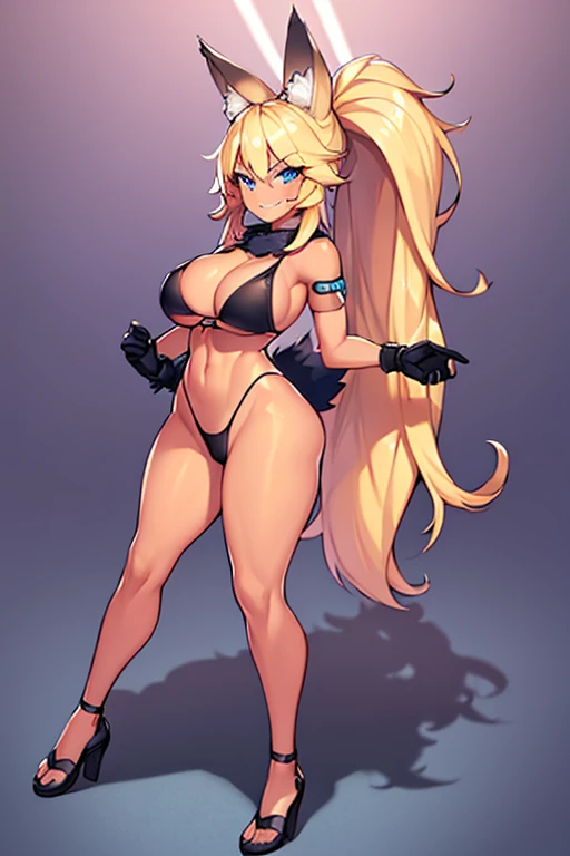 1girl, female, tan skin, tan body, tan, breasts, wide hips, large breasts, blonde hair, long hair, ponytail, blue eyes, wolf ears, wolf tail, smile, smirk, smug, bodysuit, black bikini, bikini, futuristic, science-fiction, tech, neon, neon trim, black pantyhose, pantyhose, full body, ((full body)), blue trim, sports bikini,