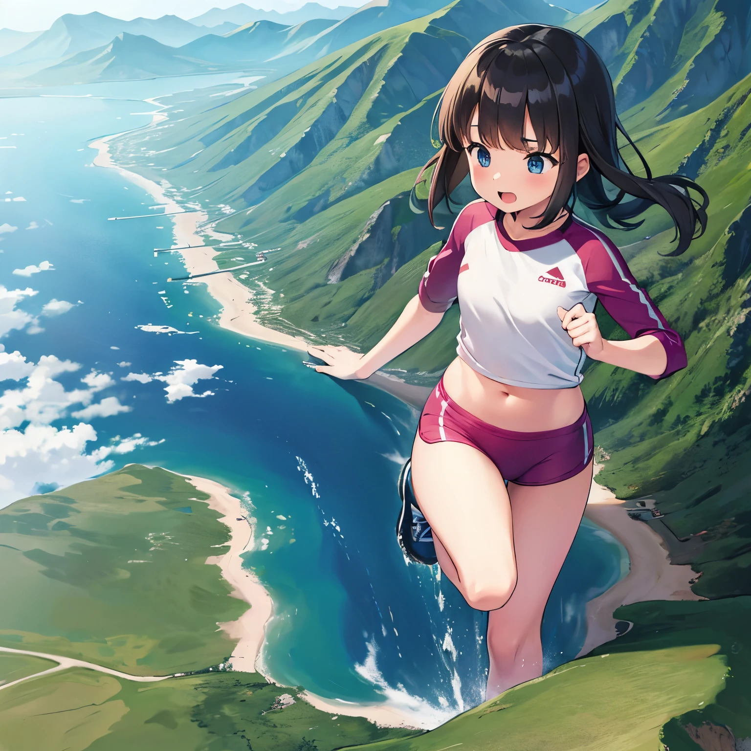 1girl,cute, teenager,running clothes, GTSGiga, mountains,running, full view, size difference, tiny humans around, taller than mountains, one person