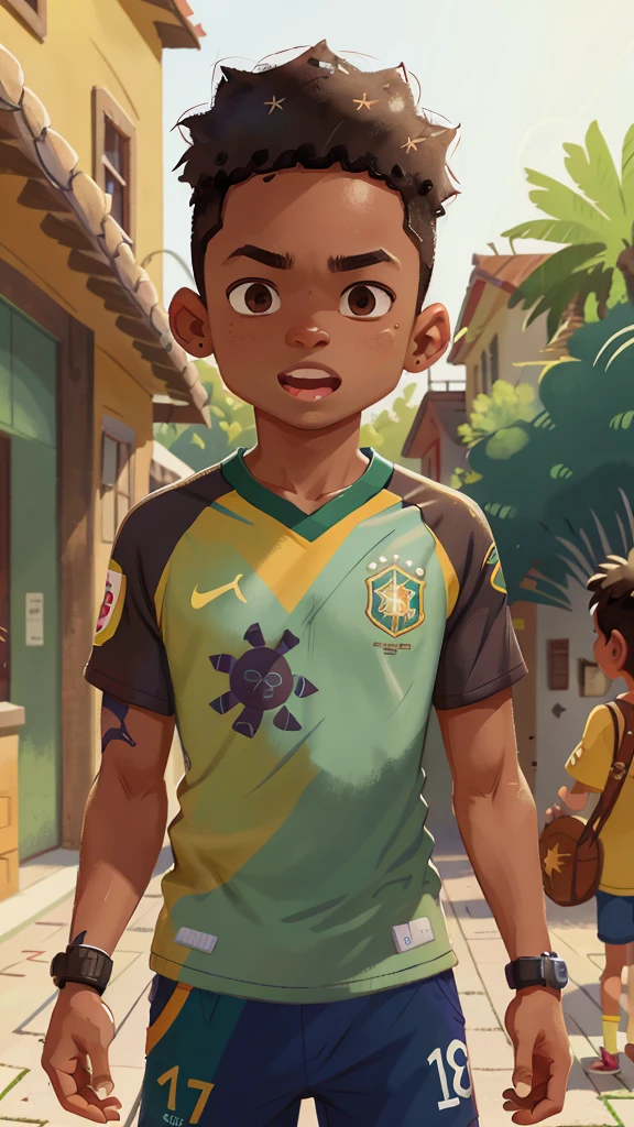 Black boy, 17 years old, shaved hair, wearing a shirt of the Brazilian soccer team, leaving school, clear focus (disorder - house: 0.8), (masterpiece: 1.2) (Realistic: 1.2) (Bokeh) (Best quality) (Detailed Skin: 1.3) (Intricate Details) (8K) (Detail Eyes) (Sharp Focus), (Happy)