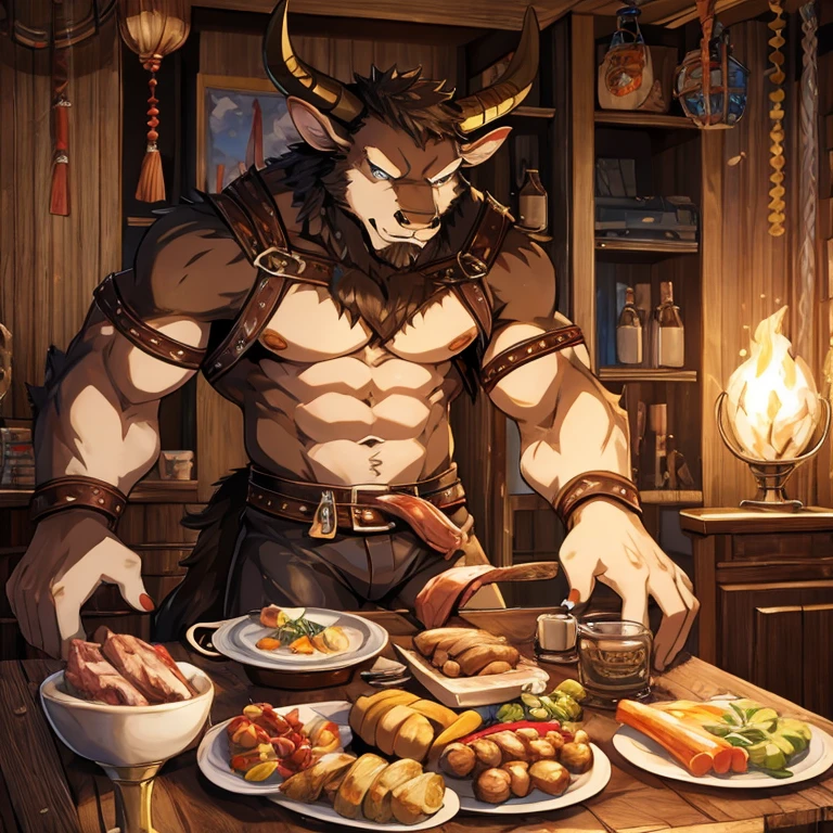 a minotaur,warriors,Meat balls,Melee,detailed detail,clothes