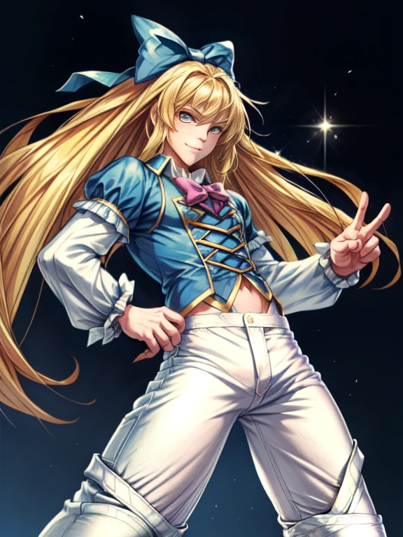 (hyper extreme detailed),(masterpeace),(hyper extreme),(photorealistic),CG,llustration,novel illustration,  Princess_Cologne as A Bishounen, ((Male body:1.3)), Bishounen, Handsome, Formal blue suit, ((White pants:1.7)), blue bows, Frills, SFW:1.2