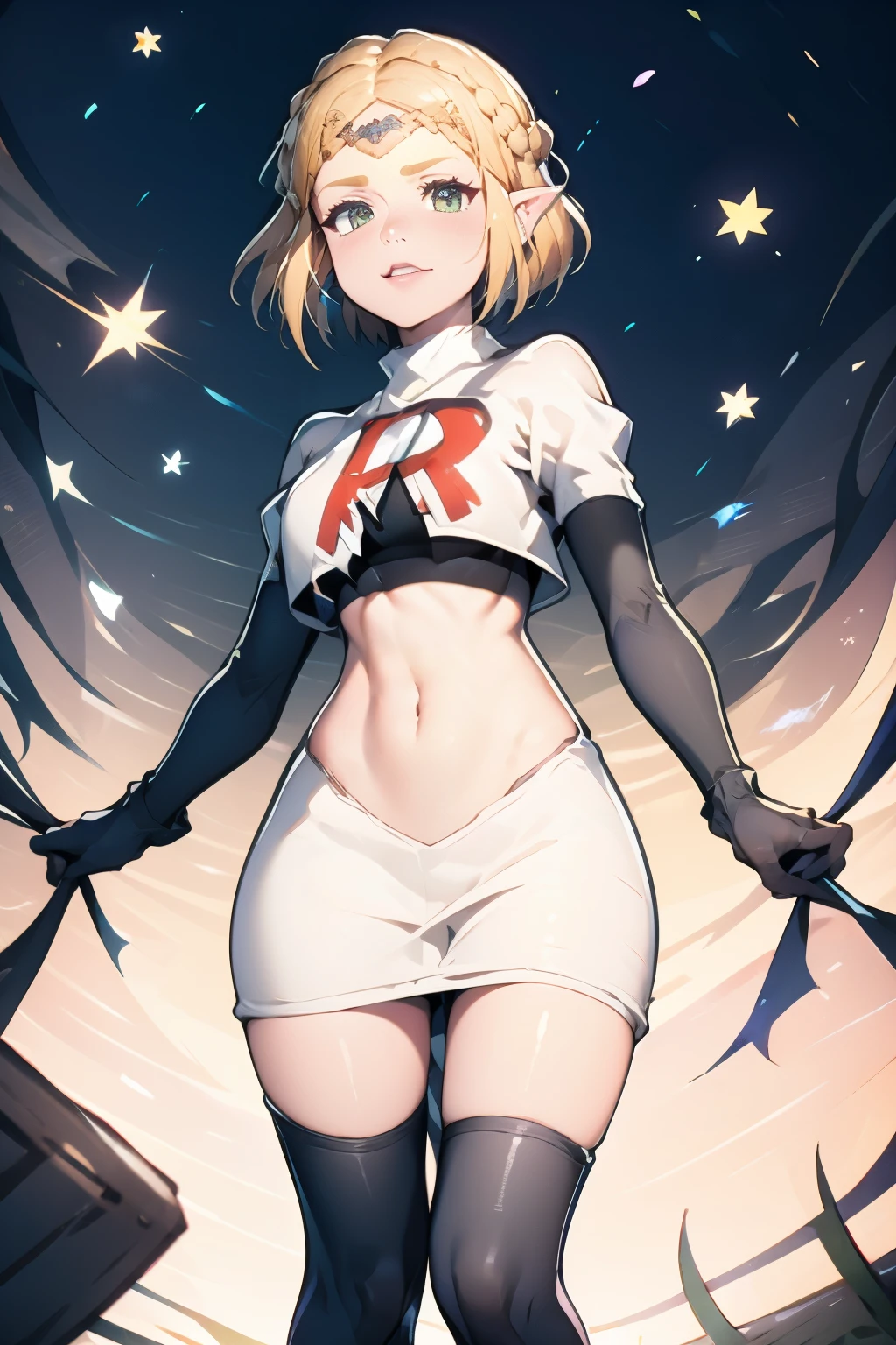 ZeldaTOTK, team rocket,team rocket uniform, red letter R, white skirt,white crop top,black thigh-highs,black elbow gloves, sinister villianess look,