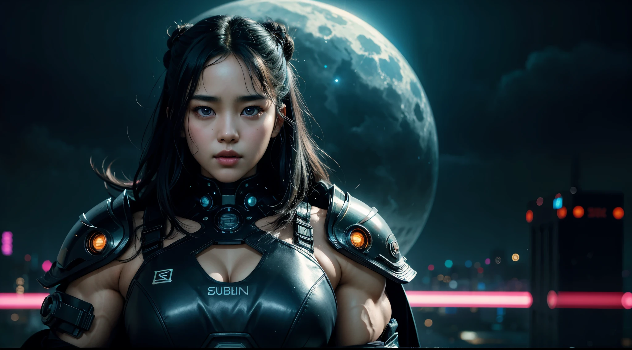 (((Kim So Hyun from Goblin kdrama))), ((super bodybuilder)), ((huge muscles)), ((H-cup breasts)), ((clear skin)), ((21 years old)), (very round glutes), 1boy, solo, girl, close up' futuristic outfit, neon samurai, very cute cyberpunk samurai, cyberpunk samurai, ghost blade style, cyberpunk victo ngai style, cyberpunk neon style, cyberpunc, cyberpunk neon, technomancer, video game character, synthwave image, cyberpunk, concept art neon brightness, moon, flashlight, night, solo, outdoor, sky, full moon, rain, mountain, cloud, lantern, night sky, fringe, tree, reflection, overcast sky, {{(masterpiece),(extremely detailed CG unit 8k wallpaper), defined muscles, manly, best quality,solo,cinematic lighting,detailed background,beautiful detailed eyes,bright pupils,(an extremely delicate and beautiful),(beautiful and detailed eye description),ultra-detailed,masterpiece,}}, detailed eyes, beautiful eyes, realistic eyes, beautiful eyes, perfect eyes, rear vision, (anamorphic rays, rain), brightness, depth of field